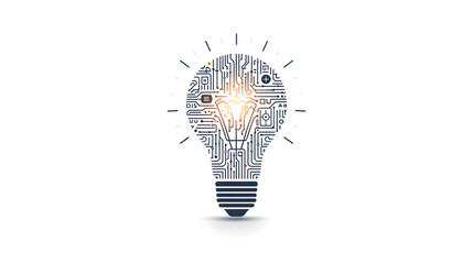 Conceptual Light Bulb Idea Circuit Board Technology Innovation Orange Glow White Background