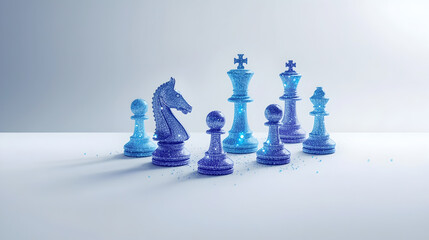 Digital Chess Pieces Blue Pixelated Forms on White Background Strategic Game Concept