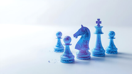 Digital Chess Pieces Glittering Blue and Purple in Minimalist Studio Lighting