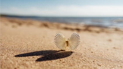 mediocrity. Butterfly seashell resting on sandy beach with soft focus and ocean background. wildlife magazines, conservation campaigns, designed for wildlife conservation campaigns.

