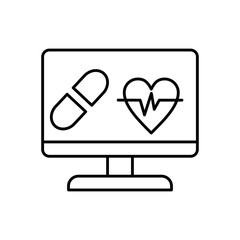 Computer screen shows a pill and heart rate graphic, ideal for medical websites, pharmaceutical presentations, digital health articles, and healthcare blogs.