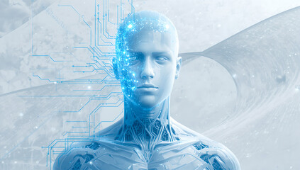 Futuristic Humanoid Robot Head with Digital Circuits and Glowing Particles