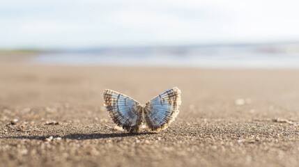 mediocrity. Butterfly seashell resting on sandy beach with soft focus and ocean background. wildlife magazines, conservation campaigns, designed for wildlife conservation campaigns.
