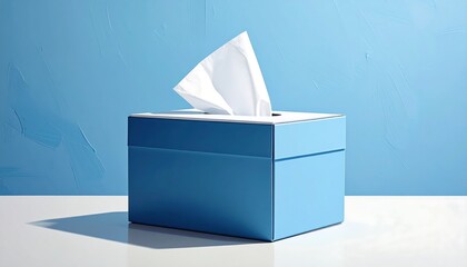 A blue tissue box with white tissues emerging from the top, set against a blue background.