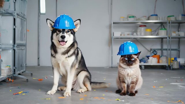 A cute group of young pets including a white husky puppy and a small chihuahua dog playing with a kitten isolated on a white background in a studio portrait