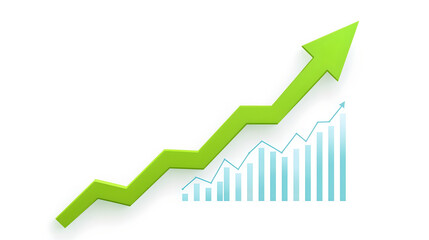 Green Arrow Graph Showing Upward Trend Beside Blue Bar Chart on White Background