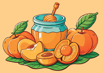 Colorful apricots and honey jar.