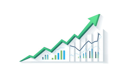 Green Arrow Upward Trend Chart Graphic With Bar Graph And White Background