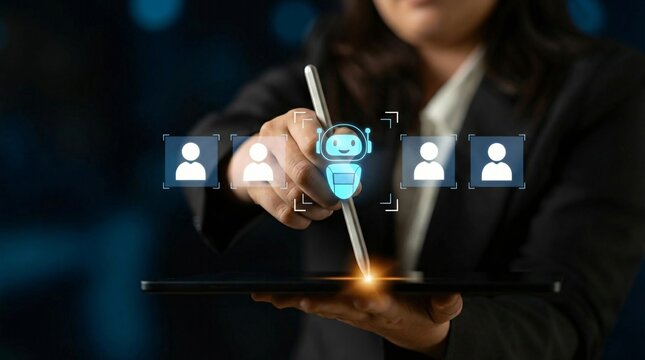 Businesswoman using tablet with futuristic interface and robot icon for artificial intelligence and data analysis in a professional setting with people icons - Powered by Adobe