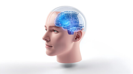 Profile of a Woman with a Glowing Blue Digital Brain Overlay in a White Studio