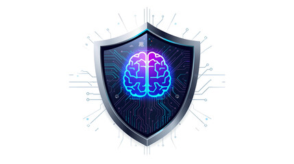 Secure Digital Brain Shield With Circuitry And Glowing Neon Blue Light On White Background