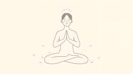 Serene Person Meditating With Hands Clasped In Prayer Position Wearing A Halo On A Light Beige Background