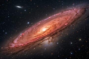 Fototapeta premium A Reddish Distant Ancient Galaxy Displaying Cosmic Beauty and Intricate Star Formation