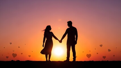Fototapeta premium Romantic silhouette of a couple holding hands at sunset with hearts in the background