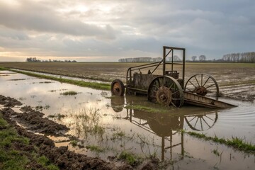 An Old Waterlogged Tractor Stranded in a Flooded Agricultural Field at Sunset