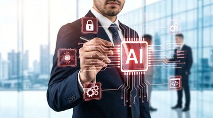 Businessman interacting with artificial intelligence interface in modern office with futuristic digital icons with ai and technology and innovation