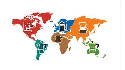 Global Coffee Brewing Traditions Flat World Map Vector