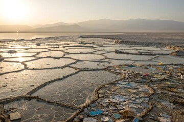 Cracked Mud Flats Creating a Mosaic Pattern in Death Valley National Park, Under a Hazy Sky