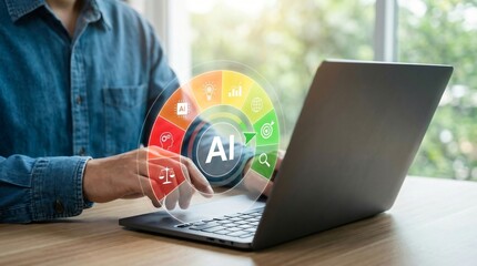 Man in blue shirt using laptop with artificial intelligence interface on screen, ai technology concept with colorful icons floating above hand