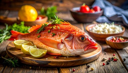 Whole Roasted Red Snapper with Herbs and Lemon on a Wooden Board.