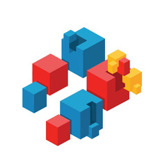 Fototapeta premium Abstract 3D geometric composition of interlocking red, blue, and yellow cubes forming a complex structure.