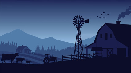 Serene countryside farm vector illustration at dusk with a windmill, barn, tractor, and cows under a blue twilight sky © PDWN Creative