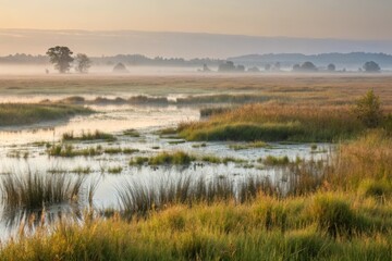 Extensive Inundation of a Vast Natural Marshland at Dawn with Fog and Trees, Showing the Serenity and Beauty of Nature