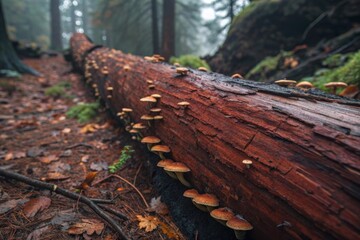 Fallen Redwood Log Displaying Clusters of Mushrooms in a Dense Forest, Showing Nature's Cycle