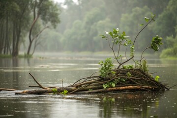 Floating Branches and Leaves Forming a Natural Raft on a Flowing River on a Rainy Day
