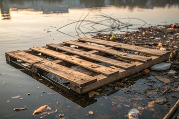 Floating Remnants of a Wooden Pallet Decaying in Calm Waters near the Shore