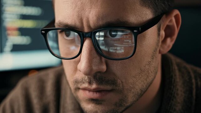 Focused young man wearing glasses staring at computer screen in a modern workspace