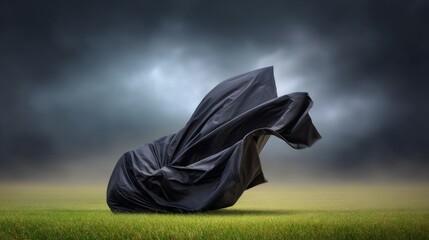 shaken. A single black tent being shaken by strong winds on a grassy field. lifestyle magazines, social media lookbooks, designed for influencer and brand collaborations, used by nutritionists.
