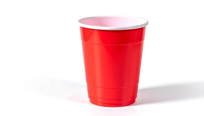 A bright red plastic cup with a white lid sits on a white background.