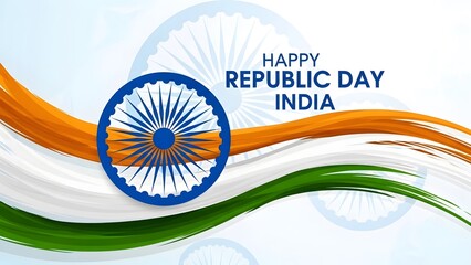 Wavy Indian flag colors with Ashoka Chakra and 'Happy Republic Day India' text, celebrating the national holiday.