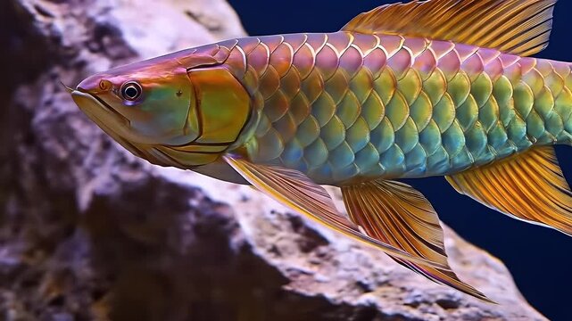 Iridescent fish swims near rocks; scales are gold, blue, pink, & purple