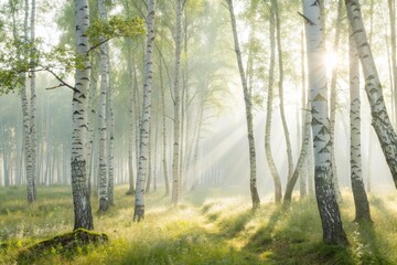 Naklejka premium Sunlight Filtering Through a Forest of Silver Birch Trees in the Morning