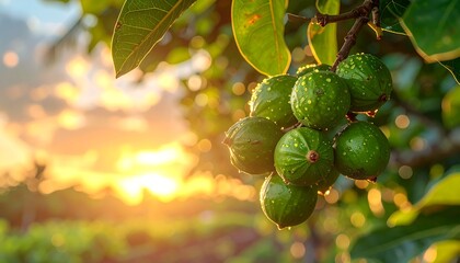 Close-up of ripe green macadamia nuts hanging from a tree branch at sunset.