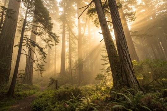 Sunlight Filtering Through the Dense Canopy of an Ancient Redwood Forest - Powered by Adobe