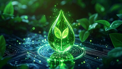 Eco-friendly technology concept with a glowing water drop and plant sprout.