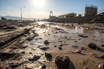 Textured Mud and Debris Deposited by River Erosion After a Natural Disaster, Featuring Distant Urban Structures