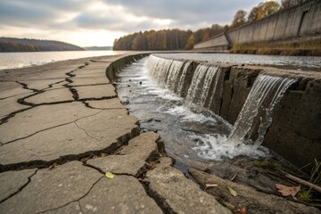 Water Seeping Through Severely Cracked Concrete Dam on a Lake, Indicating Structural Deterioration