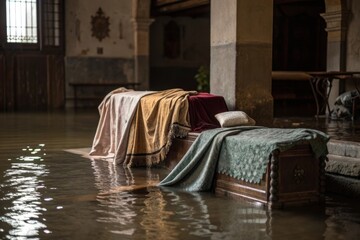 Waterlogged Textiles and Objects Draped Over Furniture Submerged in a Flooded Building Interior