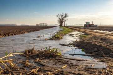 Waterlogged Field with Uprooted Vegetation and Flooding Aftermath in a Rural Landscape