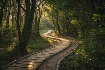 Winding Wooden Path Through a Dense Forest Landscape in Sunlight