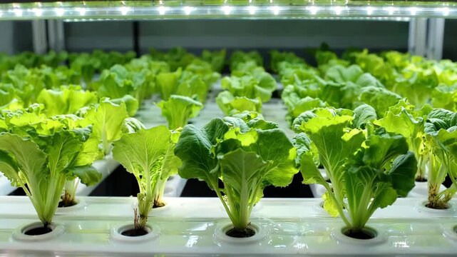 Vibrant rows of fresh green lettuce growing vertically indoors under bright LED grow lights in a modern hydroponic farming system