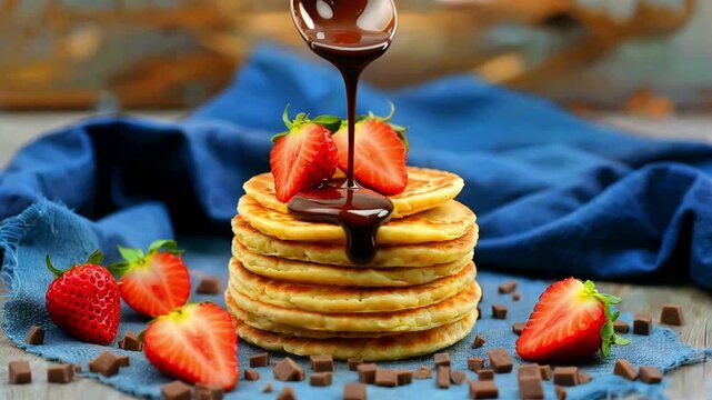 A tall stack of fluffy golden pancakes is generously drizzled with rich melted dark chocolate sauce, perfectly garnished with fresh ripe strawberries.