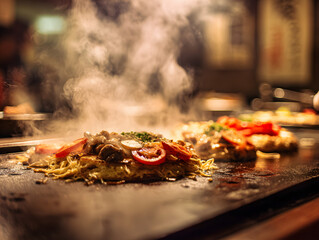 Japanese monjayaki cooking on the grill.