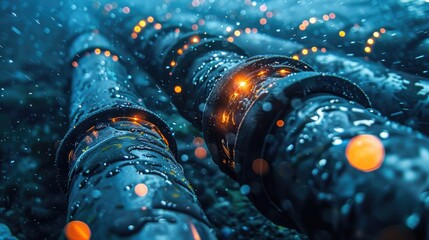 Underwater fiber optic cable glowing with fast moving data lights