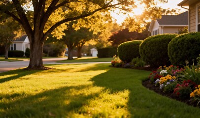 ゴールデンアワーの暖かな光に包まれた落ち着いた住宅裏庭ガーデンの写真
