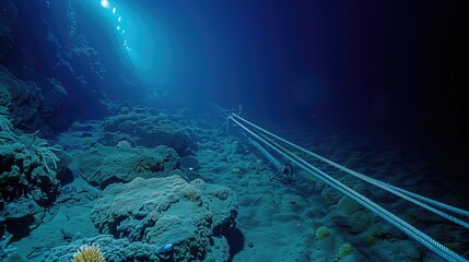 Underwater fiber optic cable glowing with fast moving data lights